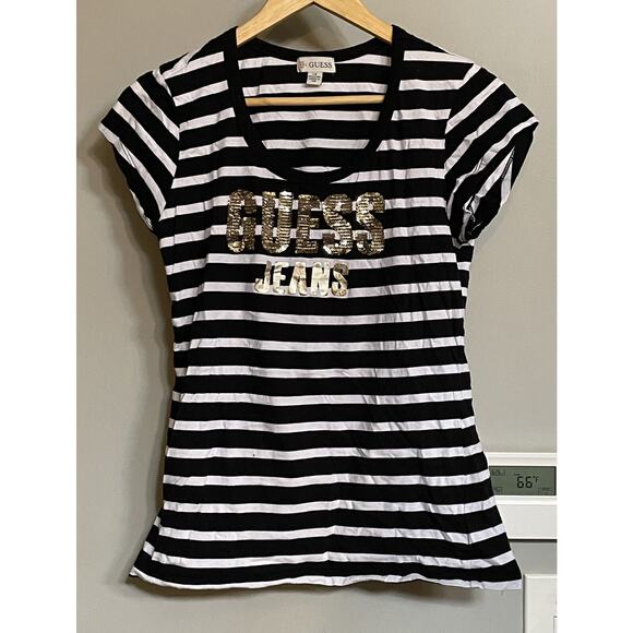 Guess Top Classic Nautical Stripe Gold‎ Lettering Short Sleeve Tee Large EUC - Picture 1 of 7